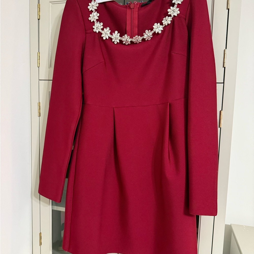 Elegant Red Dress with Crystal Floral Neckline